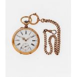 Herrentaschenuhr mit UhrketteGG, 585 (Staubdeckel Metall, Uhrkette Messing). Weißes Zifferblatt,
