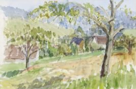 Riester, Rudolf1904 Waldkirch - 1999 Freiburg. Aquarell. Sonnige Landschaft mit Dorfansicht. 36 x