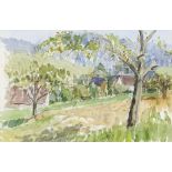 Riester, Rudolf1904 Waldkirch - 1999 Freiburg. Aquarell. Sonnige Landschaft mit Dorfansicht. 36 x