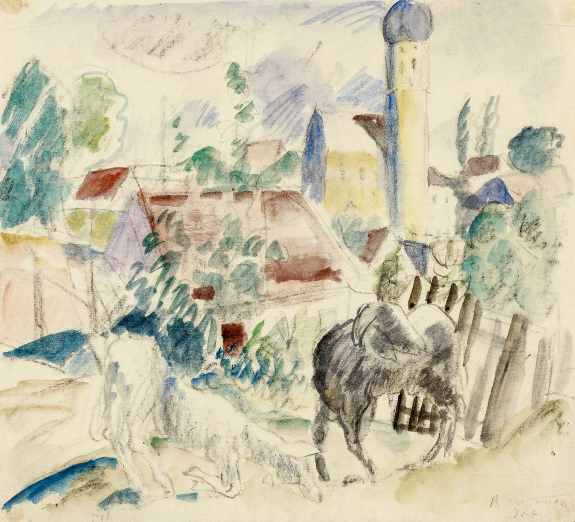 Grossmann, Rudolf1882 Freiburg - 1941 ebd. Aquarell über Kohlezeichnung. "Dorf". Dorfansicht mit