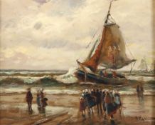 Niederländischer Genremaler19. Jh. Öl/Pavatex. Niederländische Küstenlandschaft mit Fischerboot