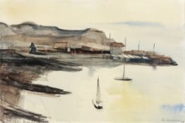 Riester, Rudolf1904 Waldkirch - 1999 Freiburg. Aquarell. Am Hafen von Marseille. Segelboote in der