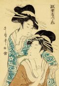Utamaro, Kitagawa1753 - 1806 Farbholzschnitt, später Abzug. Darstellung zweier Geishas (Knickfalte).