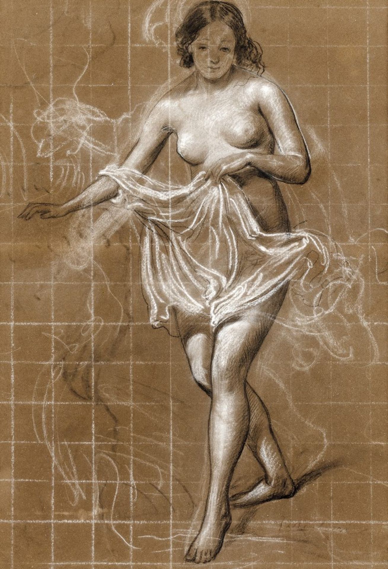 ZeichnerUm 1900. Kohlezeichnung, weiß gehöht. Schreitender weiblicher Akt mit Schleier. U.r.
