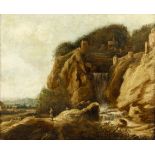 Deutscher LandschafterUm 1800. Öl/Lw. Weite sommerliche Felslandschaft mit herabstürzendem