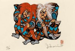 Mori, YoshitoshiJapan, 1898-1992 Kappa-Ban (Schablonendruck), koloriert. Darstellung von zwei