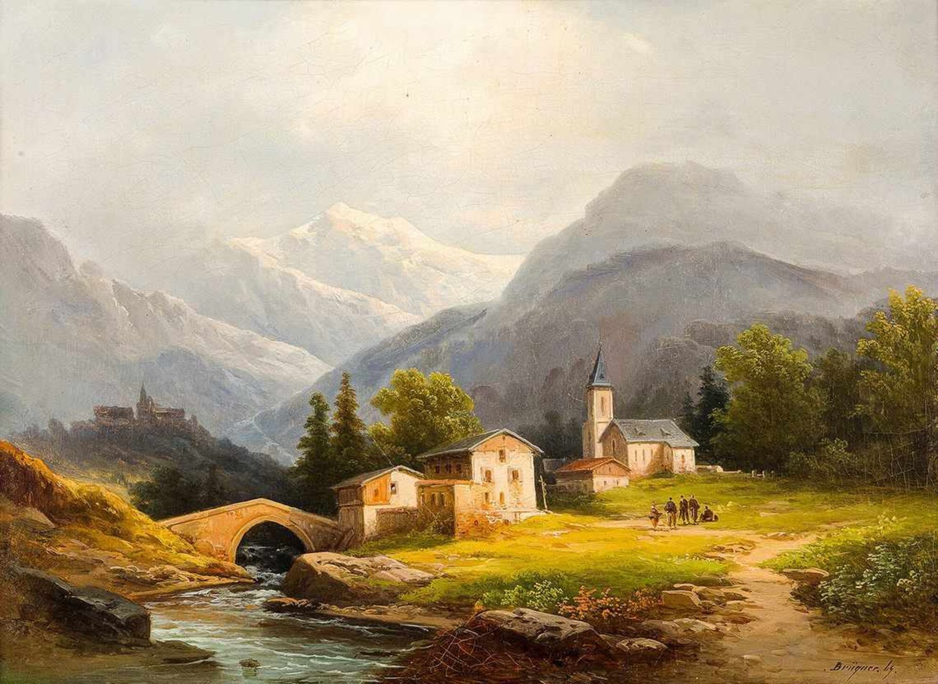 Brügner, Cölestin1824 Berlin - 1887 ebd. Öl/Lw. Das Dorf Tavascan. Sommerliche, alpine Landschaft