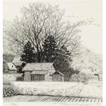 Tanaka, RyoheiJapan 1933 Radierung. Landschaftsdarstellung mit strohbedeckten Bauernhäusern (