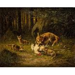 Müller, Moritz1841 München - 1899 ebd. Öl/Lw. Auf einer Waldlichtung Fuchsfamilie mit gerissenem