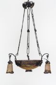 Jugendstil-DeckenlampeMuller Frères Luneville, signiert, Glasschale und drei Glocken mit bunten