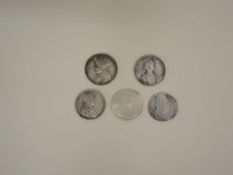 Fünf Silberprägungen4 x Sterlingsilber-Prägungen histor. Münzen (80,6 g) sowie eine Nachprägung