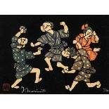 Mori, YoshitoshiJapan, 1898-1992 Kappa-Ban (Schablonendruck), koloriert. Darstellung von drei