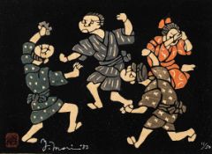 Mori, YoshitoshiJapan, 1898-1992 Kappa-Ban (Schablonendruck), koloriert. Darstellung von drei