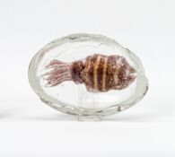 Glasobjekt"Seppia". Farbloses, transparentes Glas, darin eingeschmolzen Tintenfisch aus weißem und