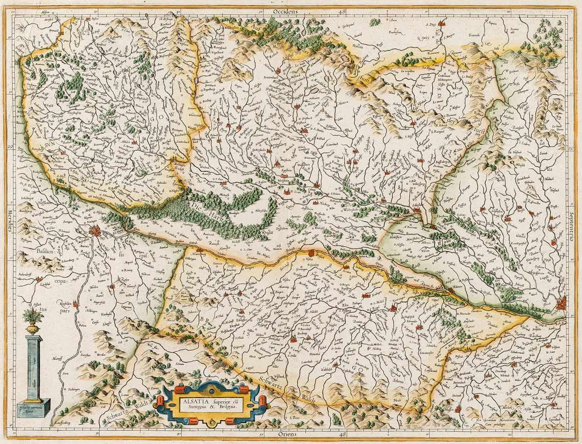 Elsass, Sundgau und BreisgauAmsterdam um 1630. Kupferstichkarte, altkol. Breisgau und Schwarzwald