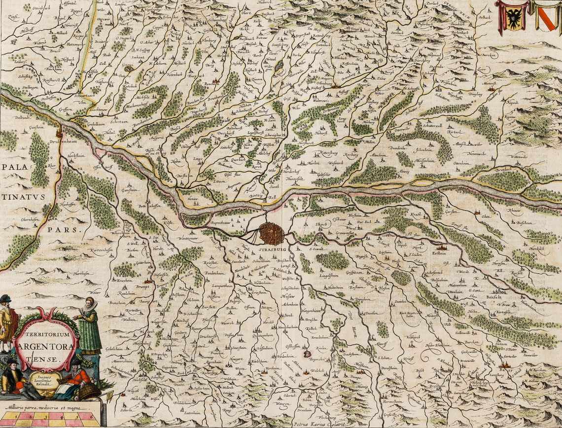 StrassburgFrankreich 1638. Kupferstichkarte, altkol. "Argentoratense" mit figürlicher Kartusche