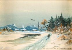 Gancurinkovic, A.Um 1900. Zwei Aquarelle. Winterliche Flusslandschaft mit Gehöften. Sommerliche