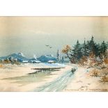 Gancurinkovic, A.Um 1900. Zwei Aquarelle. Winterliche Flusslandschaft mit Gehöften. Sommerliche