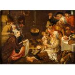 Niederländischer Meister17. Jh. Öl/Holz. Am Herdfeuer sitzende Maria mit dem nackten Jesusknaben,