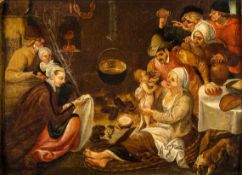 Niederländischer Meister17. Jh. Öl/Holz. Am Herdfeuer sitzende Maria mit dem nackten Jesusknaben,