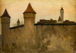 Poeckh, Theodor1839 Braunschweig - 1921 Karlsruhe. Öl/Karton. Blick auf eine Burganlage. Verso
