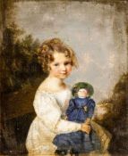 Porträtist19. Jh. Öl/Malpappe. Bildnis eines auf einer Gartenbank sitzenden Mädchens in weißem Kleid
