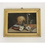 Hinterglasbild Memento Mori19. Jh. Stillleben mit Totenschädel, Kerze, Wachsstock, Pfeife,