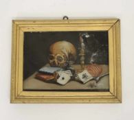 Hinterglasbild Memento Mori19. Jh. Stillleben mit Totenschädel, Kerze, Wachsstock, Pfeife,