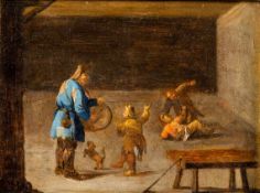 Quast, Pieter Jansz. attr.1606 - 1647 Amsterdam. Öl/Holz. Interieur mit Gaukler und Hund. U.r. an