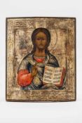 IkoneRussland, 19. Jh. Tempera/Holz. Christus Pantokrator, Silberhintergrund und -rahmen mit