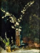 Monogrammist E.1. Hälfte 20. Jh. Öl/Malpappe. Blumenstillleben. Vor dunklem Hintergrund in einer