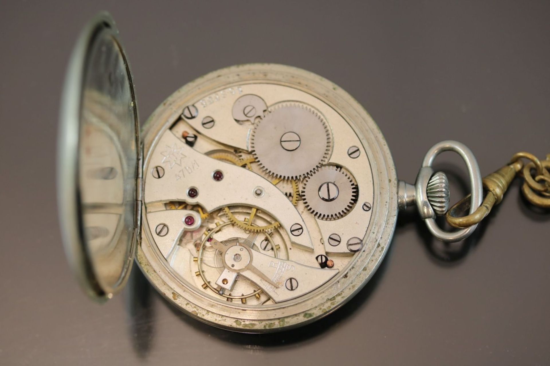 Taschenuhr-JunghansWerk: HandaufzugGehäuse Ø: 4,5 cm Mit Uhrenkette. - Bild 2 aus 7
