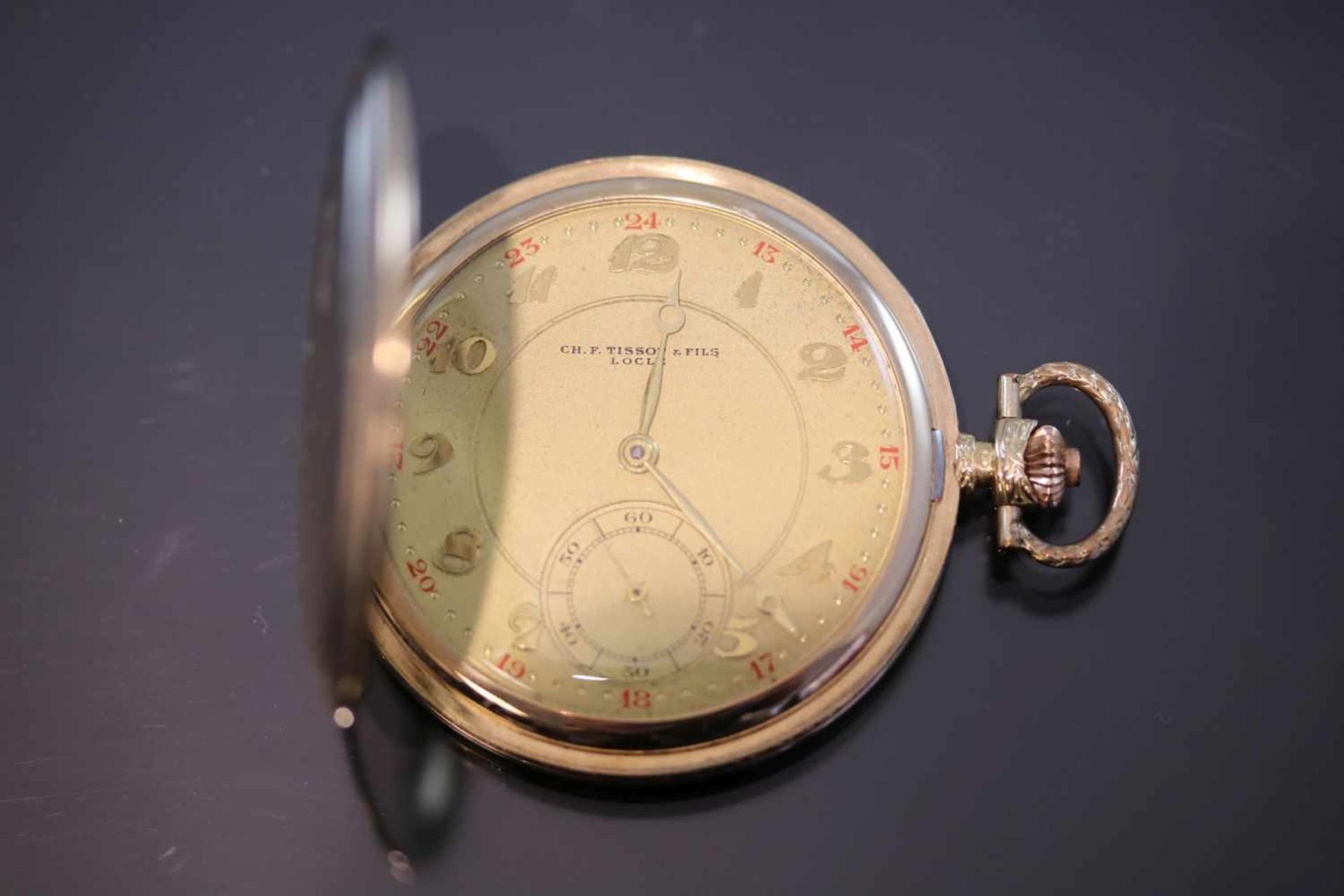 Tissot-Taschenuhr, 585 GoldWerk: HandaufzugFunktion: SekundneanzeigeGehäuse Ø: 5 cm Gewicht ges.: 72