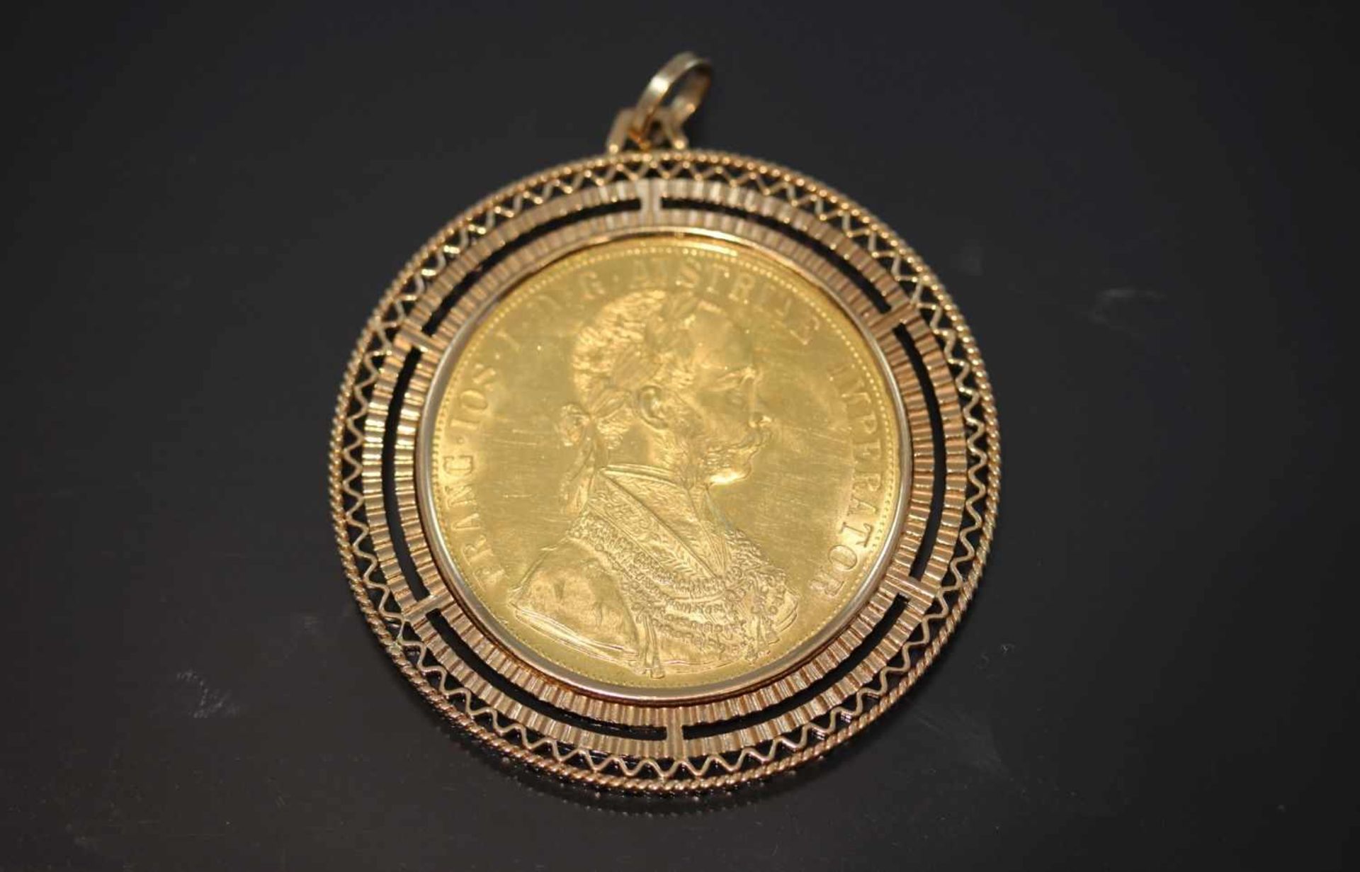 Münzanhänger, 750/ 986 Gold24,8 Gramm 4 Dukaten Franz Joseph Österreich.- - -25.00 % buyer's premium