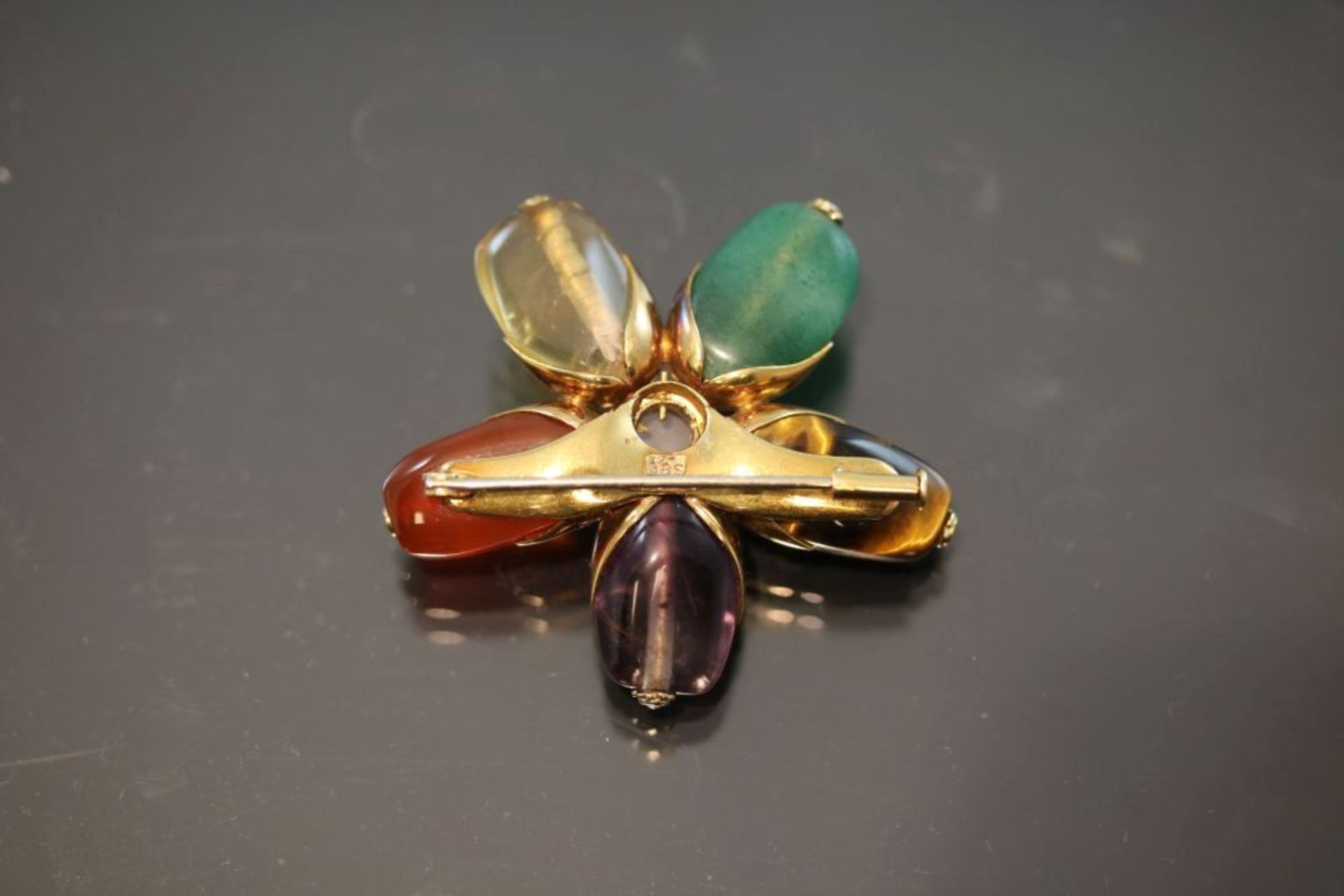 Edelstein-Brosche, 585 Gold22,6 Gramm Amethyst/Karneol/Tigerauge/Citrin/Achat/Rosenquartz, Breite: 4 - Bild 2 aus 3