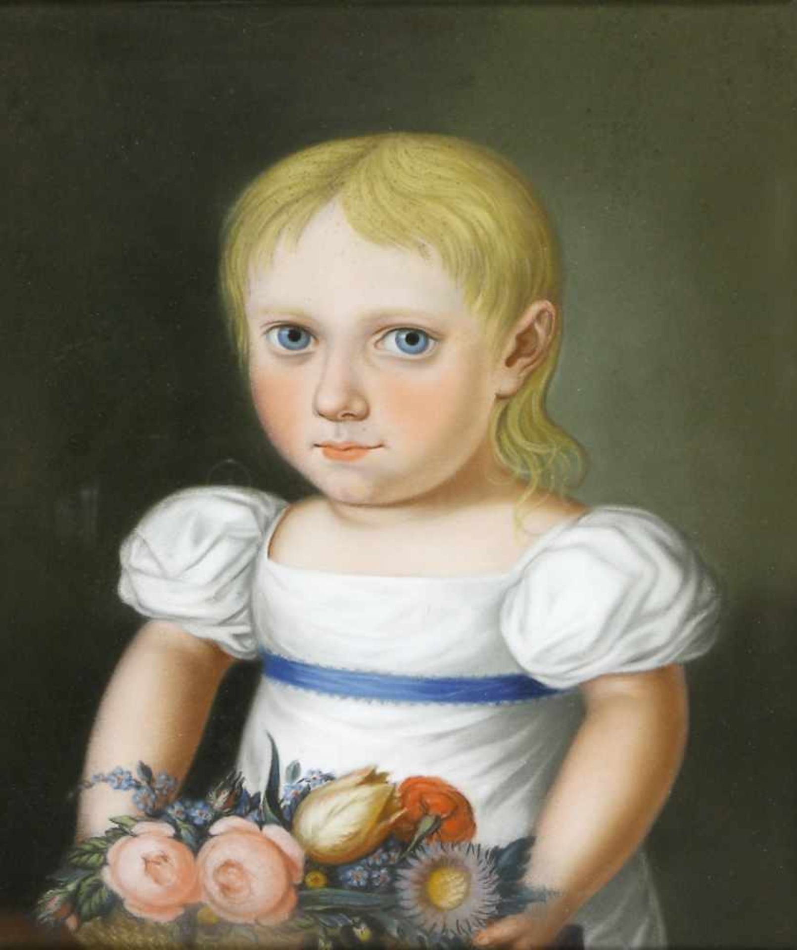 Porträtmaler, 1. Hälfte 19. Jh.Kinderdarstellung mit Blumenkorb. Pastell. 29 x 24,5 cm. Unter Glas