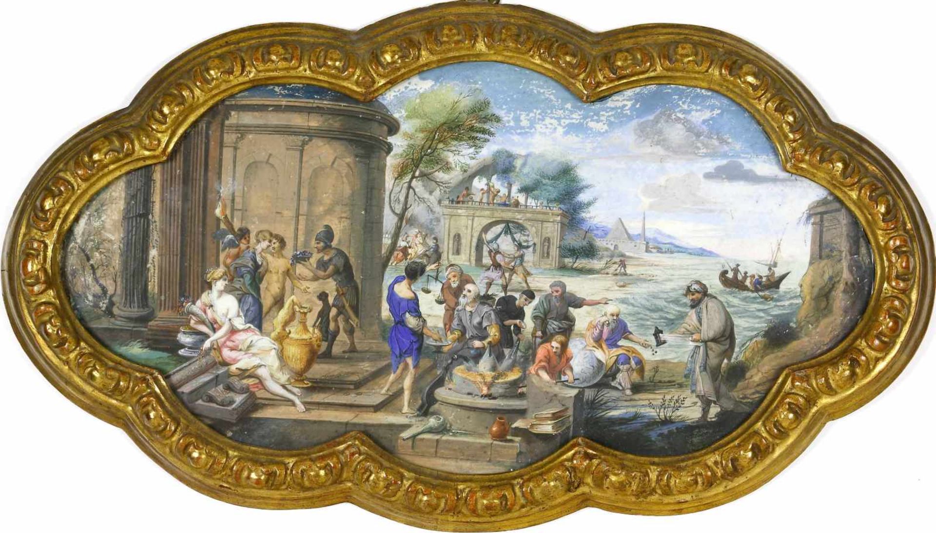 Zeichner um 1800Antikisierende Darstellung einer Landschaft mit zahlreichen Personen, Ruinen, am