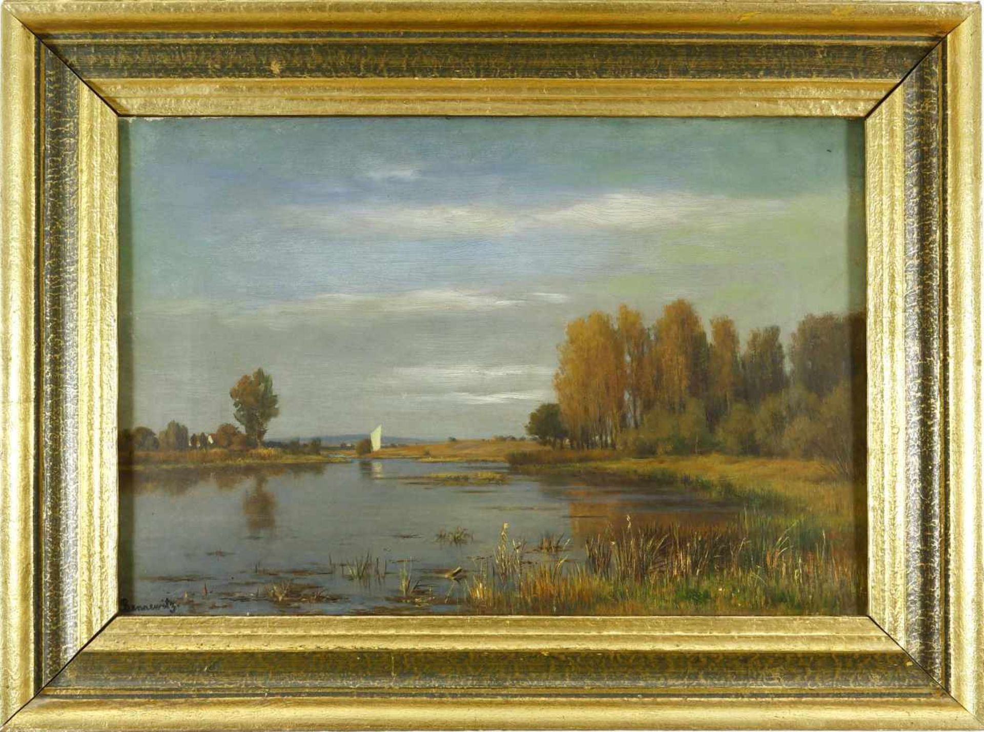 Bennewitz von Loefen, Karl d. Ä. (1826 Thorn - 1895 Eutin)Weite Sommerlandschaft mit Fluß. Öl auf - Bild 2 aus 3