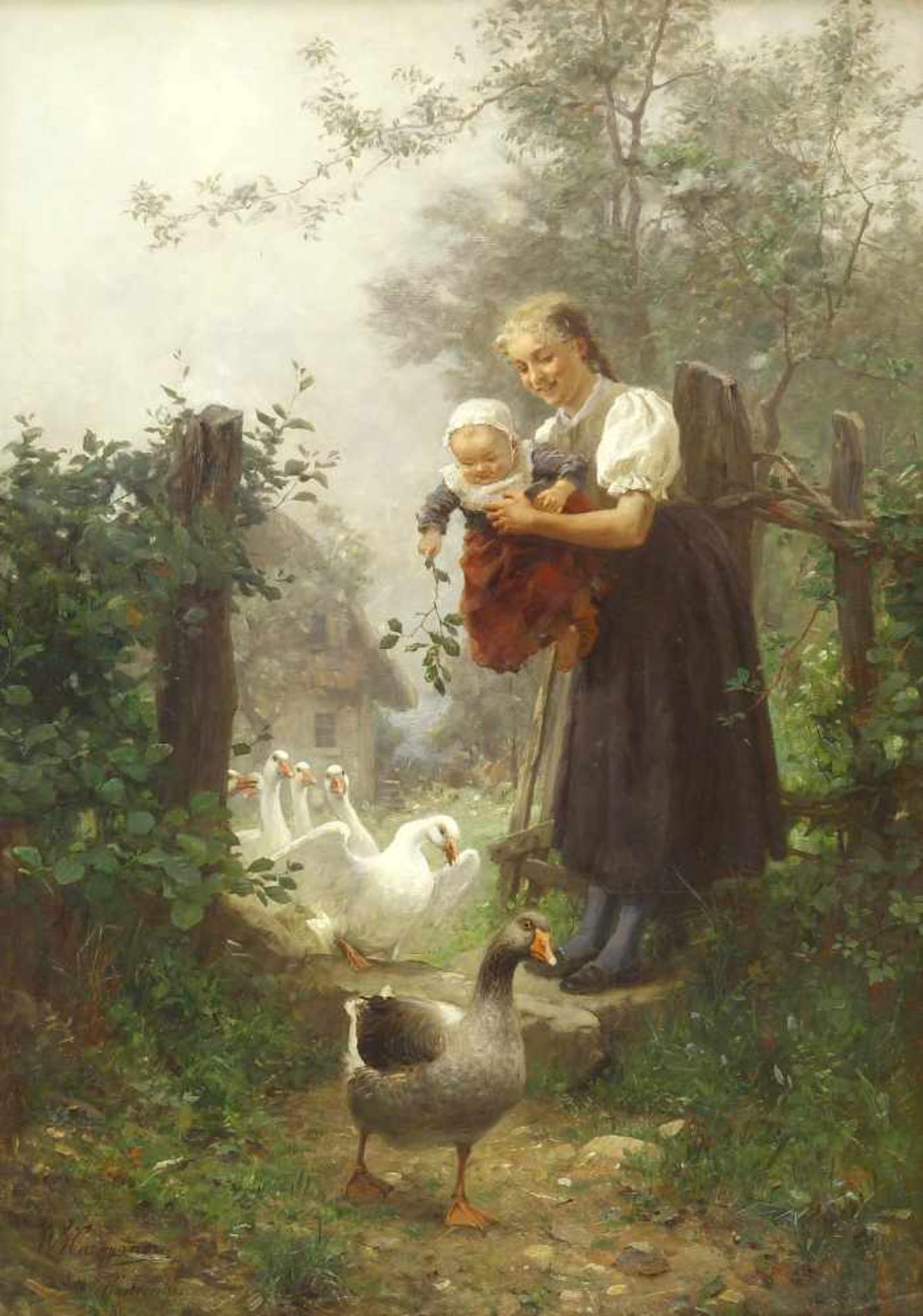 Hasemann, Wilhelm (1850 Mühlberg a. d. Elbe - 1913 Gutach) Am Gartenpförtchen. Ein Bauernmädchen mit