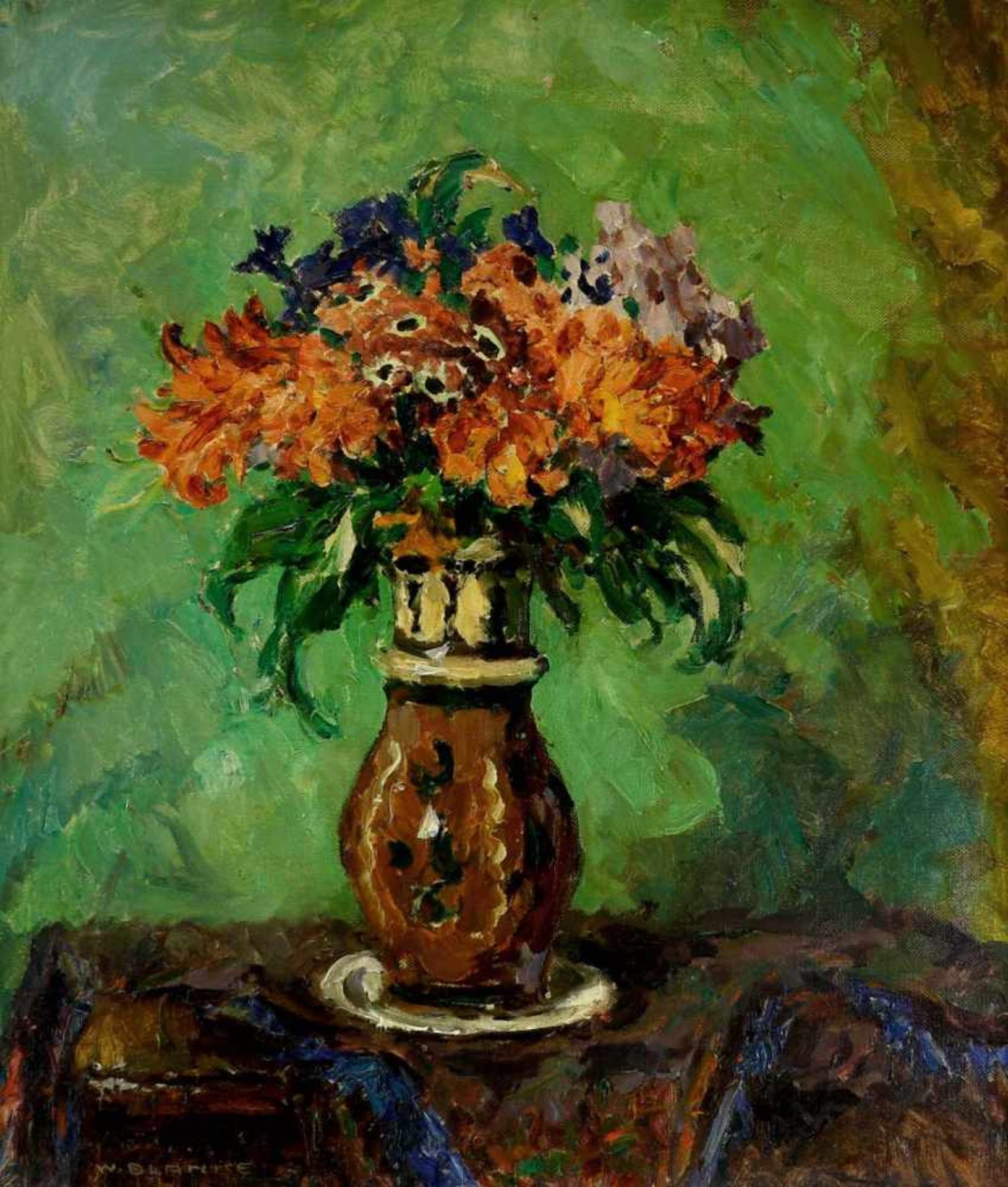 Blanke, Wilhelm (1873 Unruhstadt/Posen - 1936 Schwiebus)Blumen in einer Vase. Öl auf Leinwand. 70,