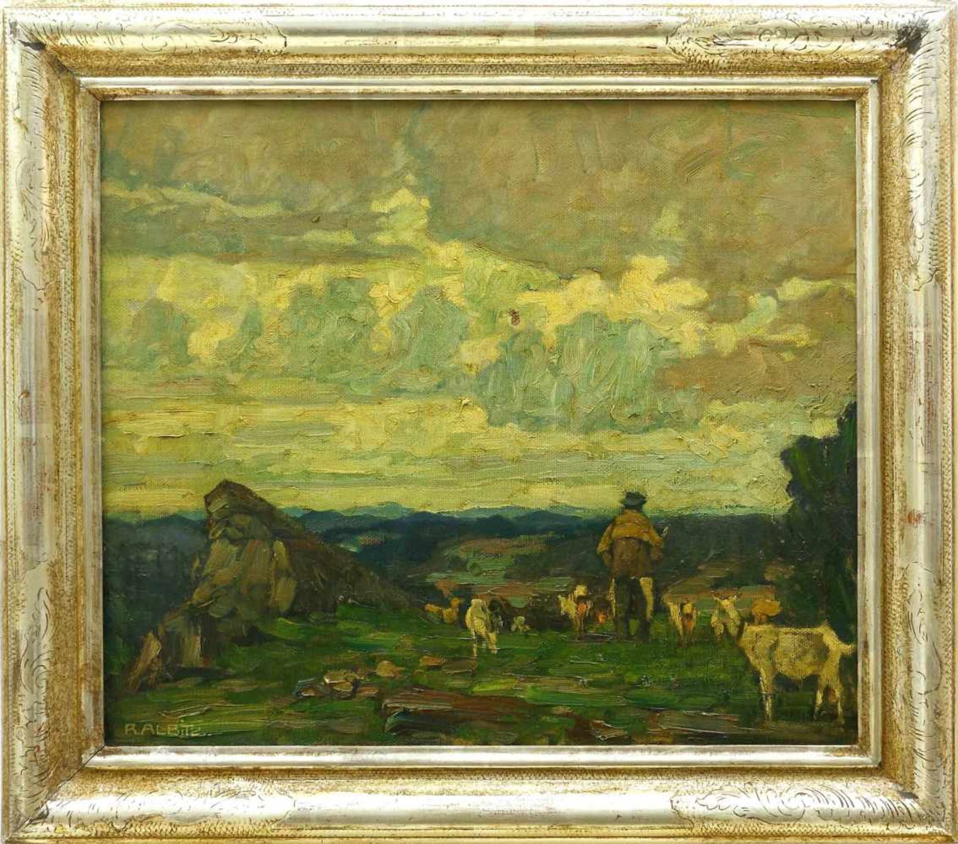 Albitz, Richard (1876 Berlin - 1954 ebd.) Hirte mit Ziegen in weiter Landschaft. Öl auf Leinwand. - Bild 2 aus 3