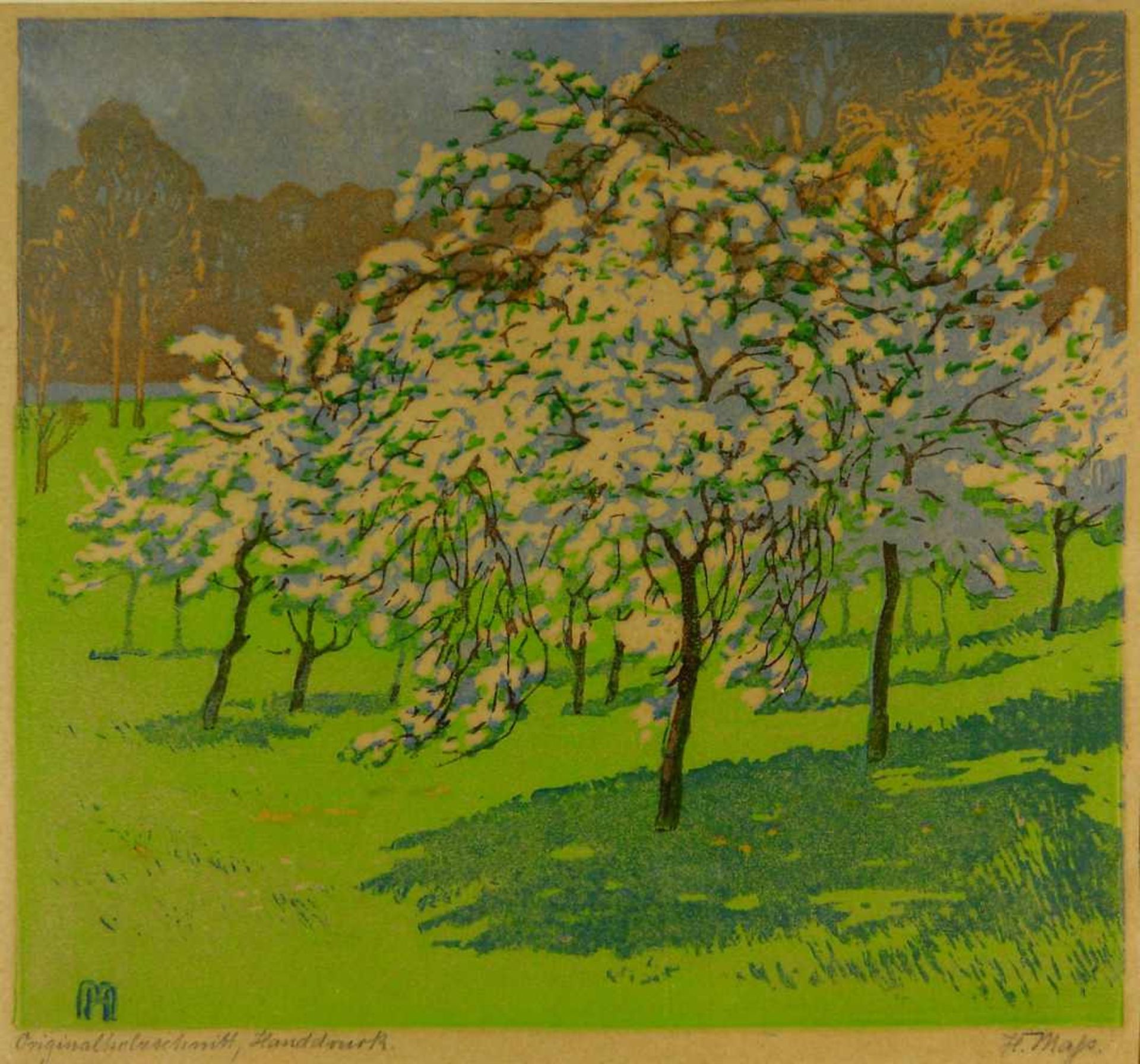 Maß, Helene (1871 Schönlanke - 1955 Berlin)Blühende Bäume auf einer Wiese. Farbholzschnitt. 31,2 x