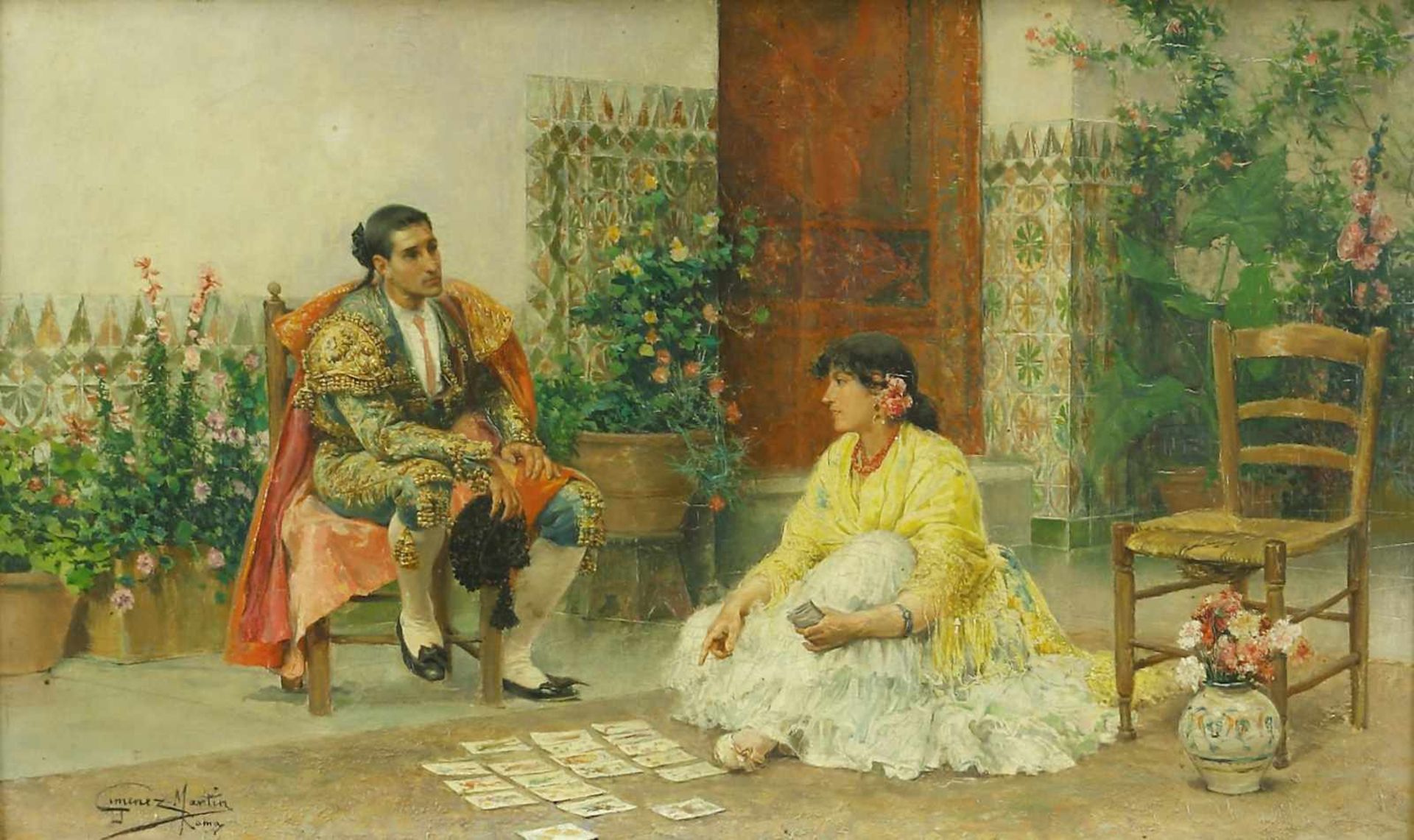 Jiménez Martín, Juan (1855 Adanero - 1901 Madrid)Spanischer Stierkämpfer bei einer Kartenlegerin. Öl