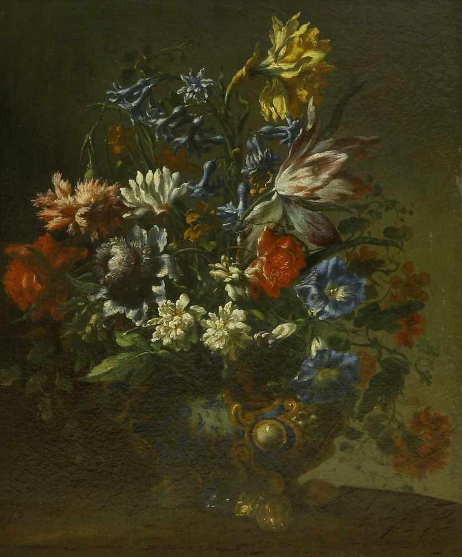 Stilllebenmaler des 19. Jh. Opulentes Blumenbouquet in einer Vase. Öl auf Leinwand auf Holz. 55 x