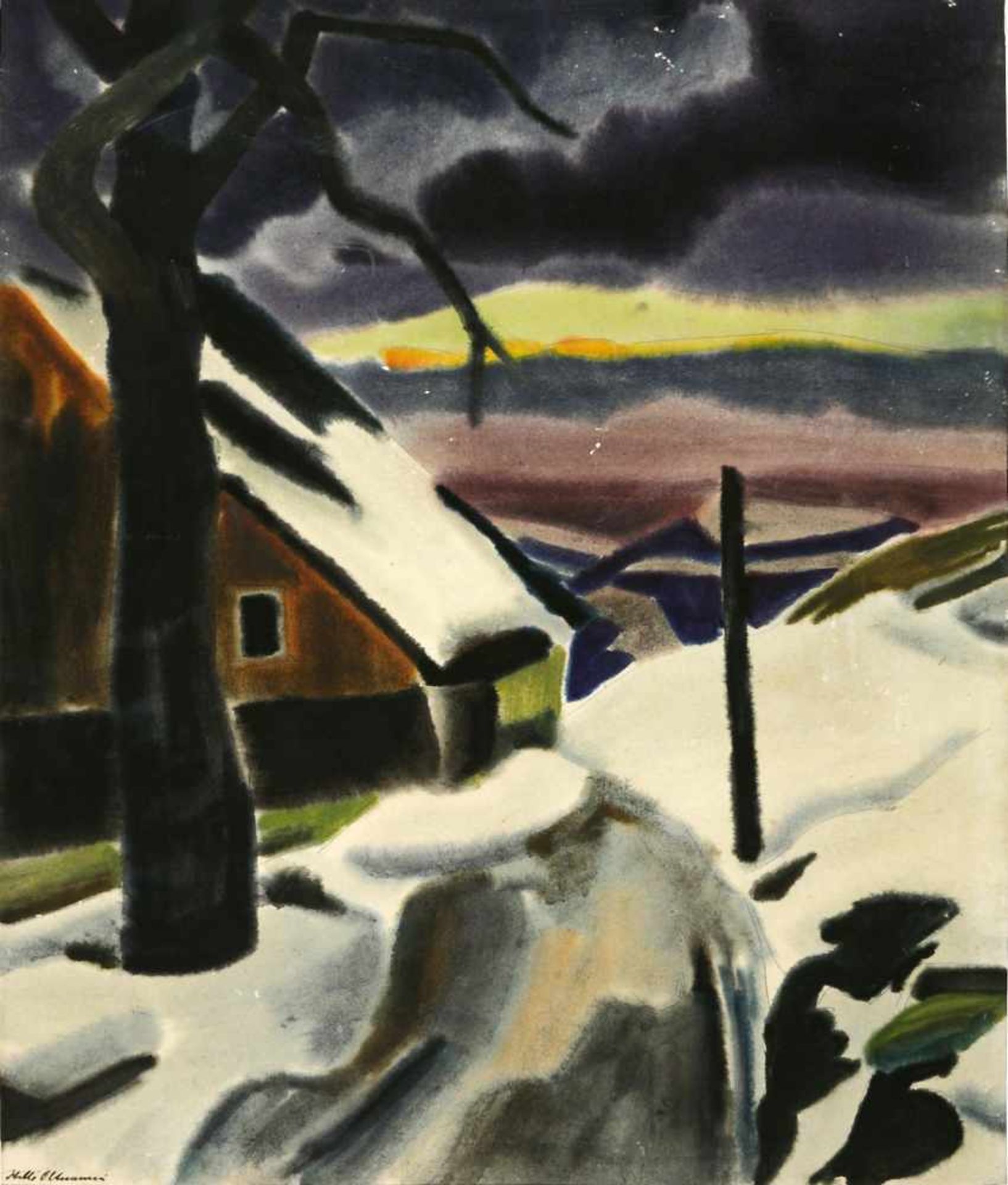 Oltmanns, Willi (1905 Bant/Wilhelmshaven - 1979 Delmenhorst)Winter im Riesengebirge. Aquarell auf