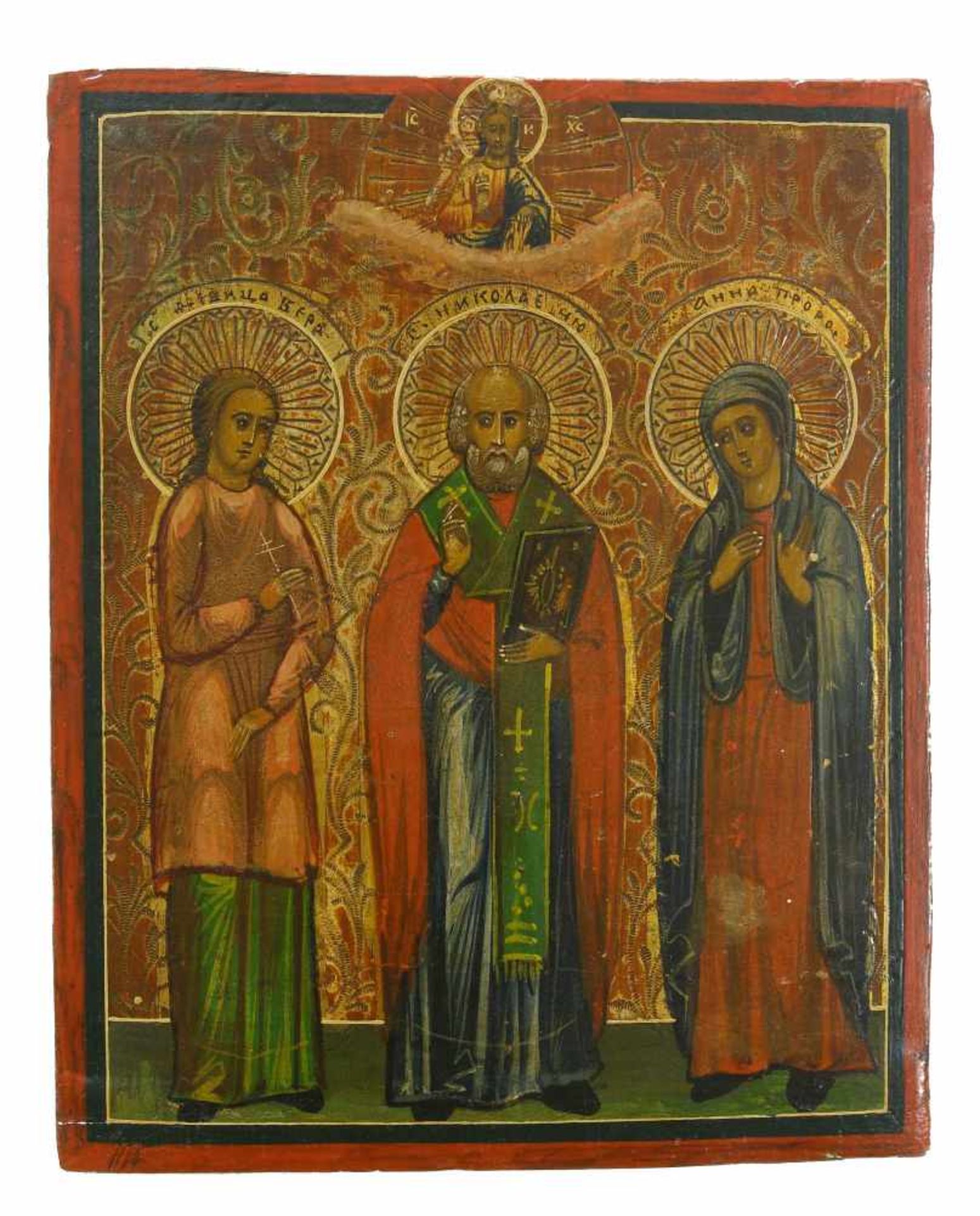 Ikone, Russland, 19. Jh.Die Heiligen Märtyrer Vera, Nicolai und Anna. Tempera auf Holz. 21,2 x 17,