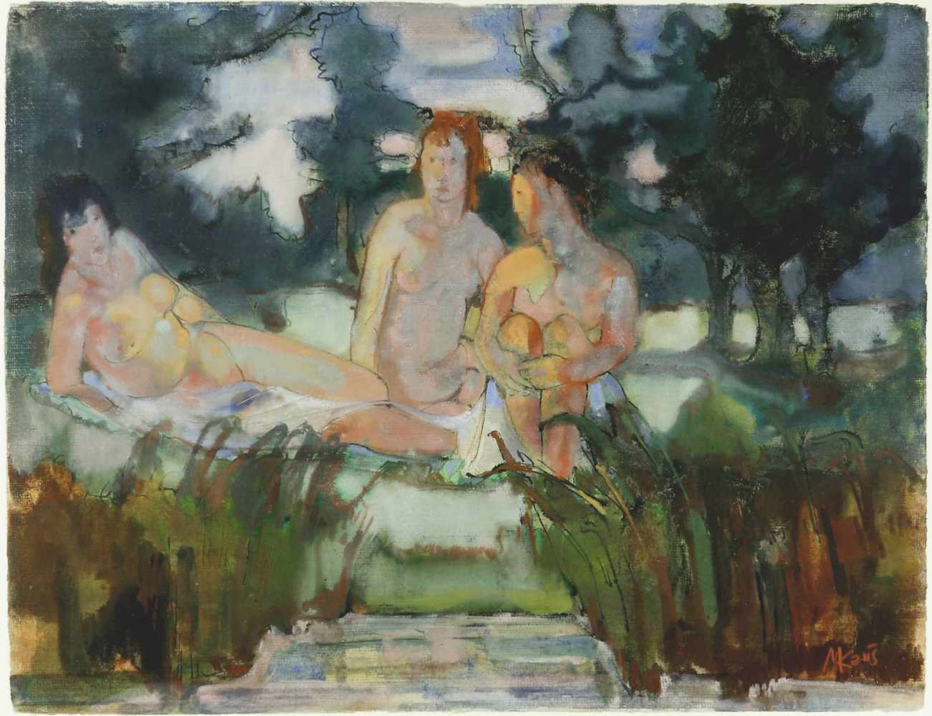 Kaus, Max (1891 Berlin - 1977 ebd.)Frauen am Wasser. Gouache und Tuschfeder auf dickem, genarbtem