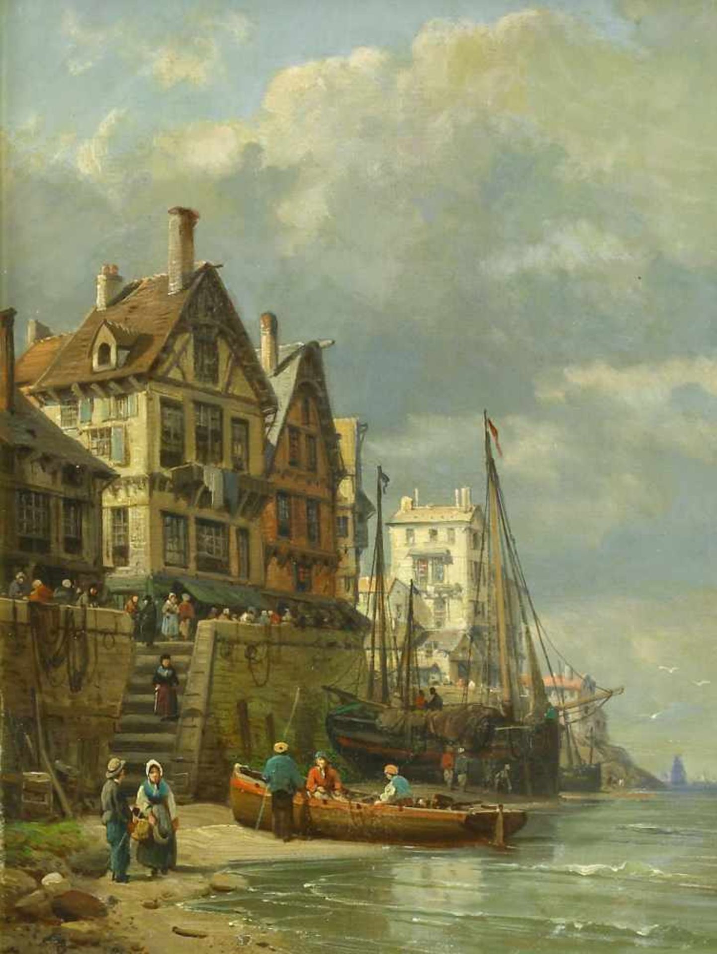 Kuwasseg, Charles Euphrasie (1833 Draveil - 1904 Paris)Belebte Ansicht einer Küstenstadt mit am Ufer