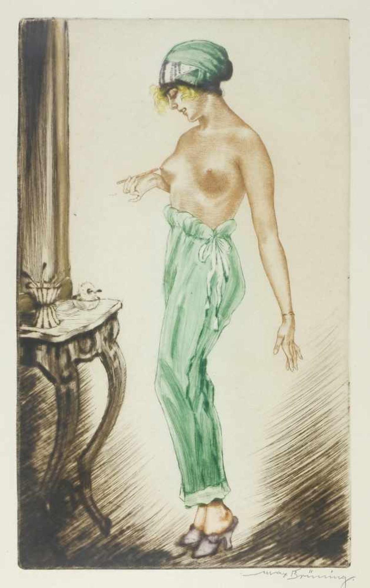 Brüning, Max (1887 Delitzsch - 1968 Lindau)Weiblicher Halbakt bei der Toilette. Farbradierung. 33,