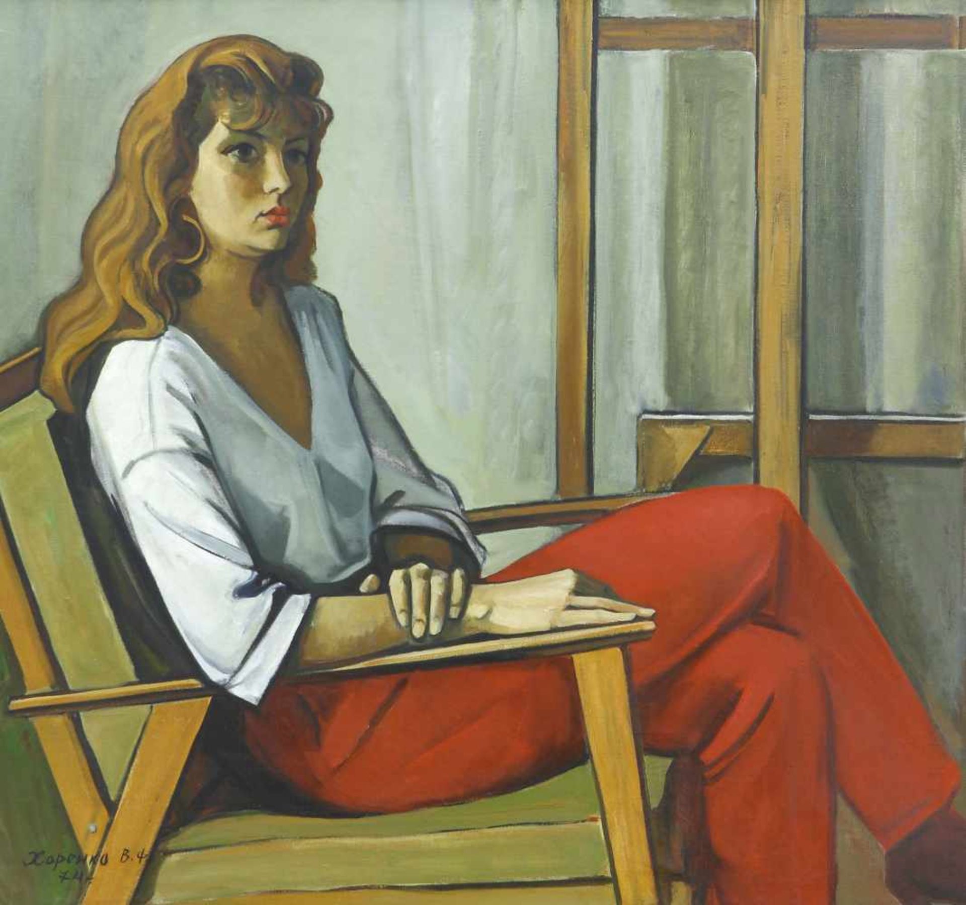 Khorenko, Wladimir (1927 Donezk - 2002 ebd.) Sitzende Frau mit roter Hose. 1974. Öl auf Leinwand. 99